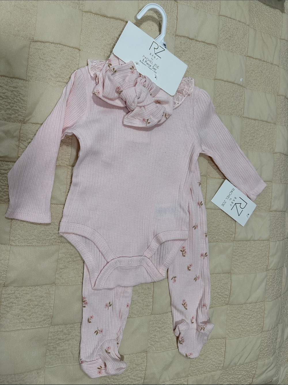 Rachel Zoe Soft Pink Ribbed Baby One-Piece with Floral Footed Pants & Headband